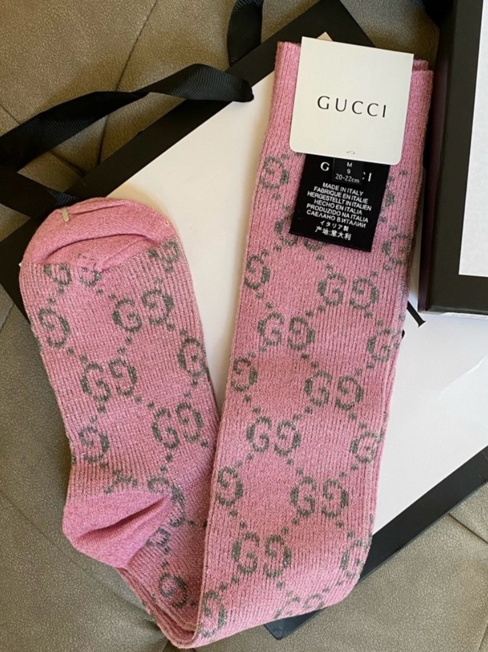 NWT GUCCI. Pink and Gray Lame Sparkle KNEE HIGHT SOCKS